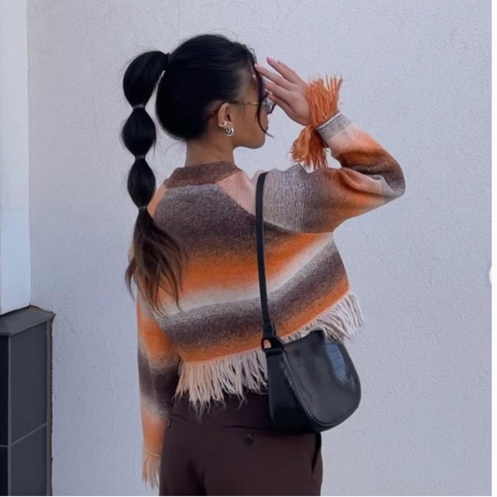 Zara Orange Brown Striped Fringe Sweater - Picture 4 of 13